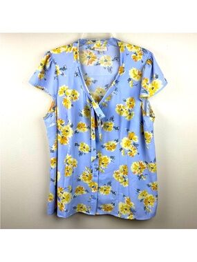 Modcloth Pale Blue Floral Tie-Neck Blouse